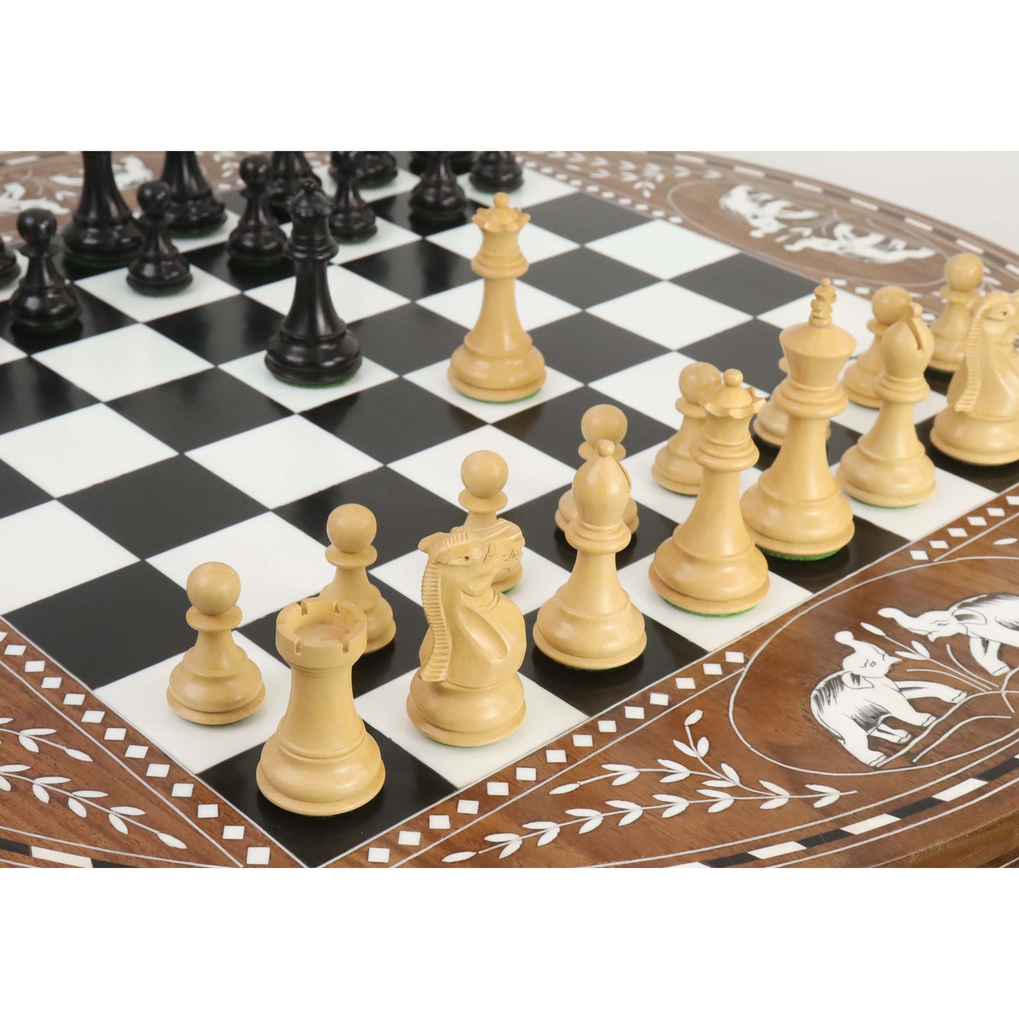 24" Boutique Luxury Round Chess Board Table with Staunton Chess Pieces - Weighted Ebonised Boxwood