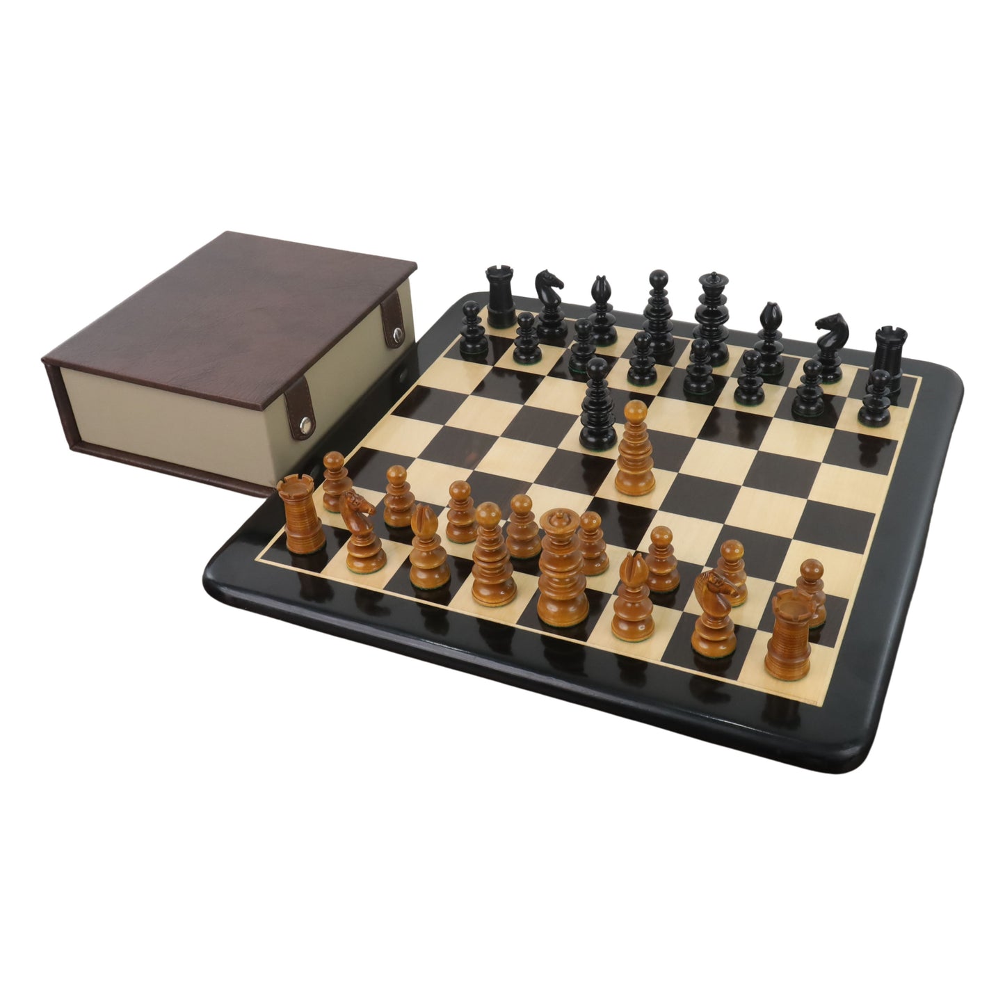Combo of 3.3" St. John Pre-Staunton Calvert Chess set - Pieces in Ebony Wood with 19 inches Chess Board and Storage Box