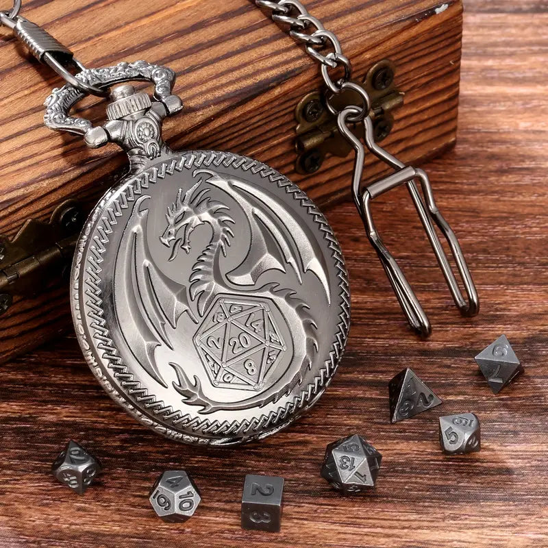 Micro Metal RPG 7 Dice Set in Pocket Watch Style Case