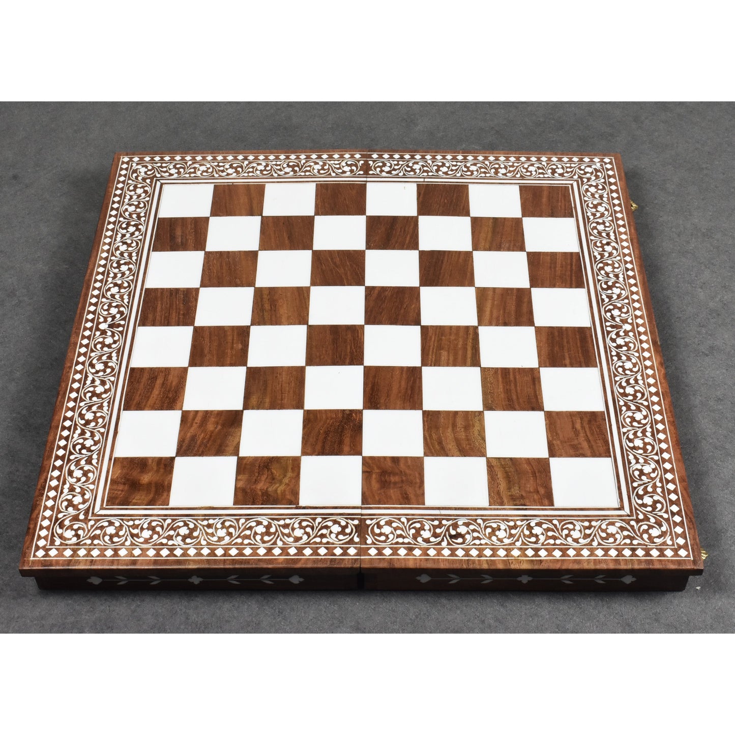15" Artisanal Folding Wooden Chess Board- Inlaid Sheesham Wood & Faux Ivory
