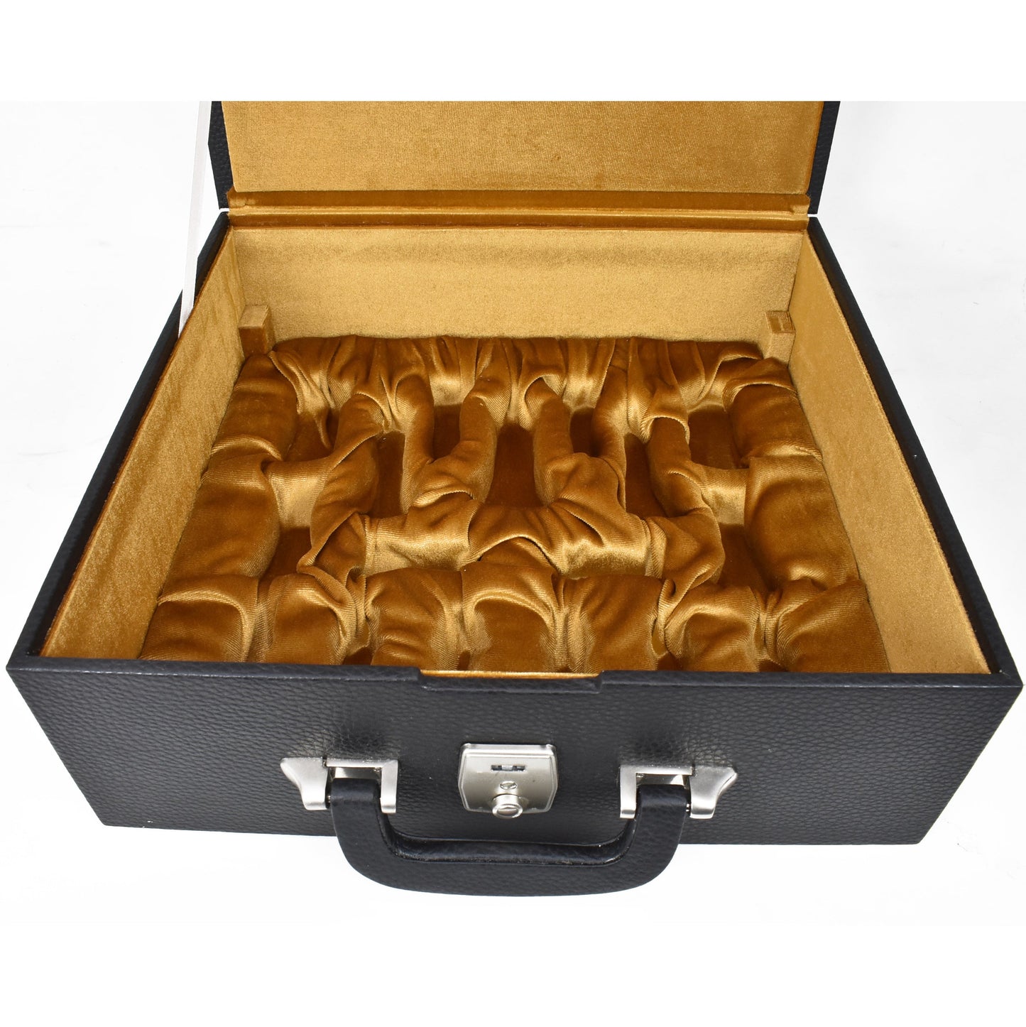Combo of 3.75" Artisan Carving Burnt Zagreb Chess Pieces with Borderless Chess board and Leatherette Coffer Storage Box