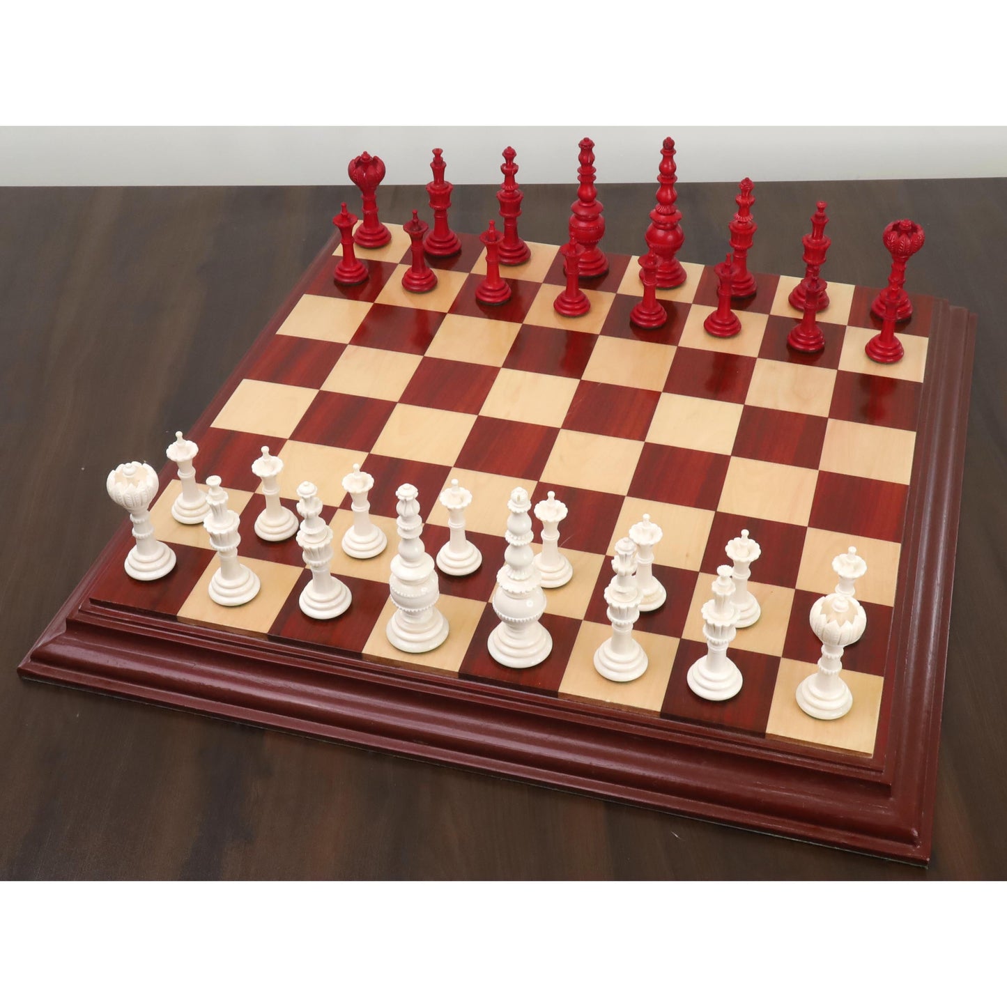 4.6″ Turkish Tower Pre-Staunton Chess Set- Chess Pieces Only-Crimson & White Camel Bone