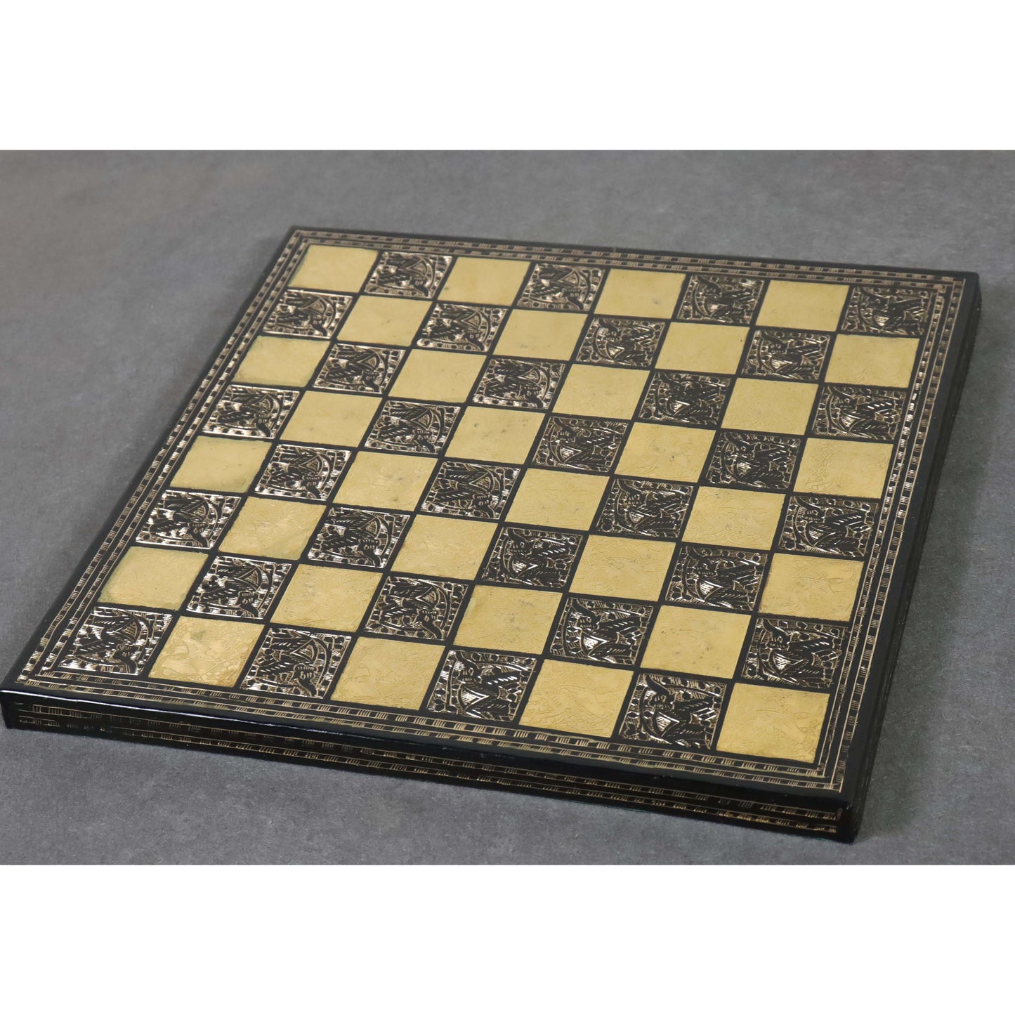 Staunton Inspired Brass Metal Luxury Chess Pieces & Board Set -12"- Gold & Black
