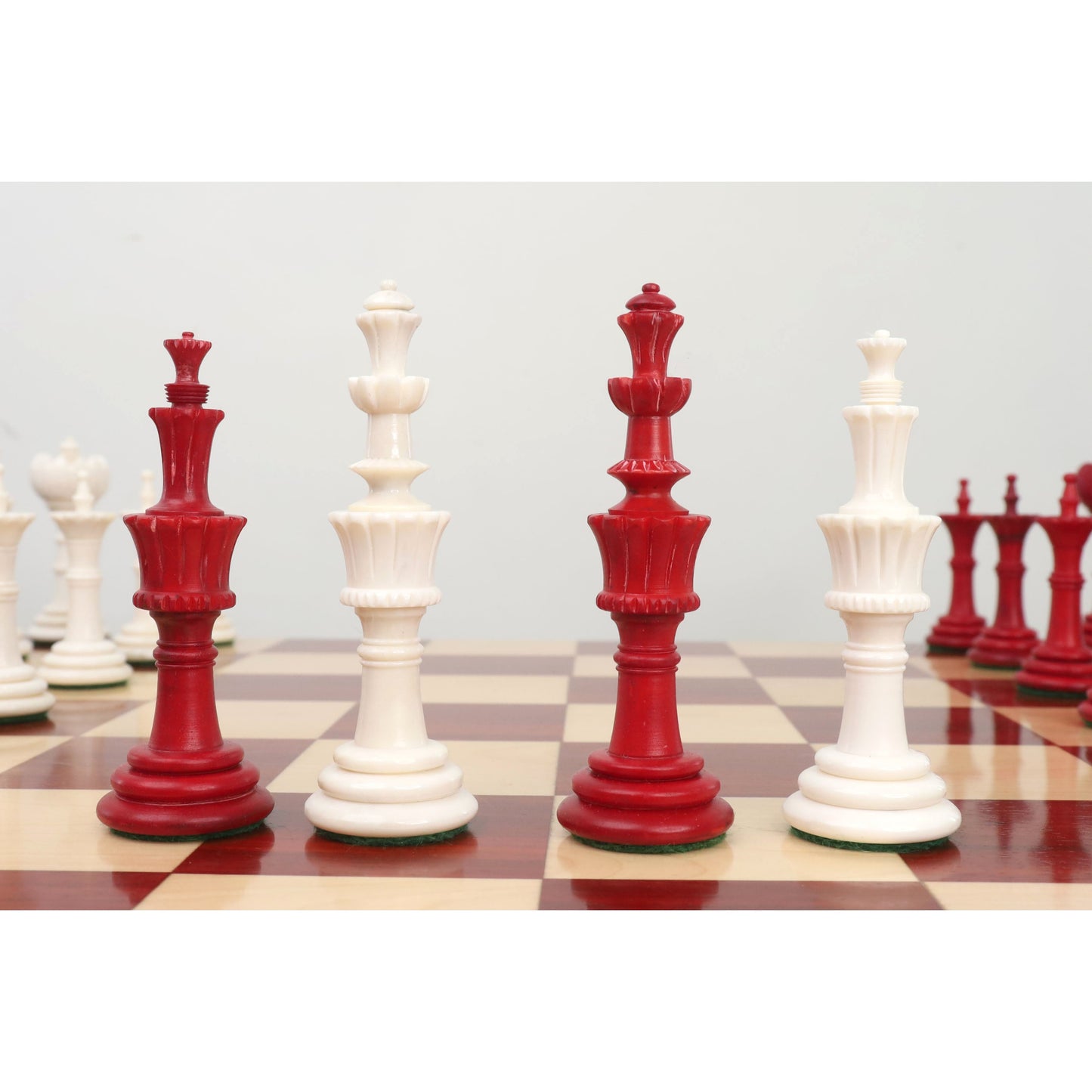 4.6″ Turkish Tower Pre-Staunton Chess Set- Chess Pieces Only-Crimson & White Camel Bone