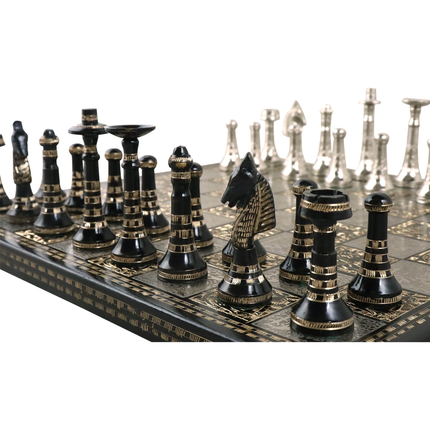 Hawaiian Crown Brass Metal Luxury Chess Pieces & Board Set - 14" Silver and Black