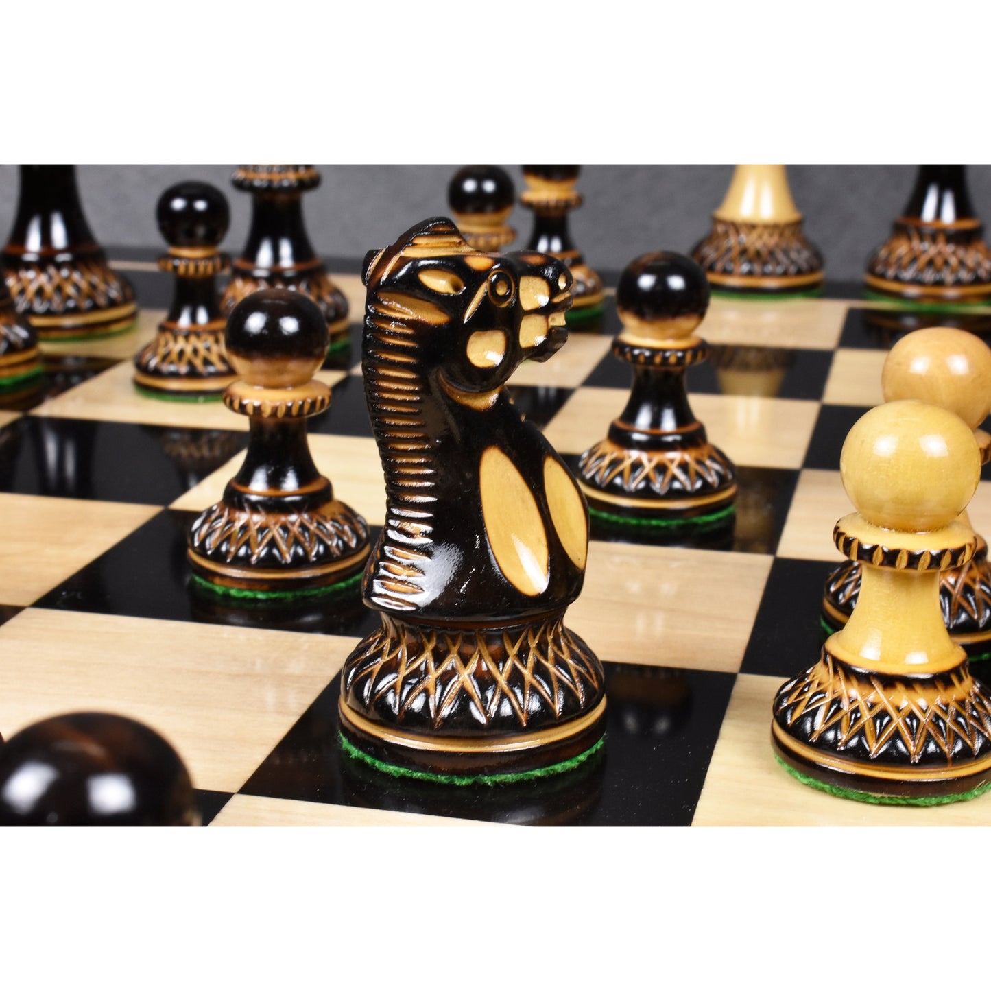 3.9" Parker Staunton Carved Chess Set Combo - Pieces in Lacquered Burnt Boxwood with Board and Box