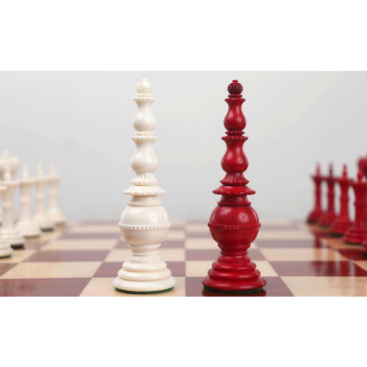 4.6″ Turkish Tower Pre-Staunton Chess Set- Chess Pieces Only-Crimson & White Camel Bone
