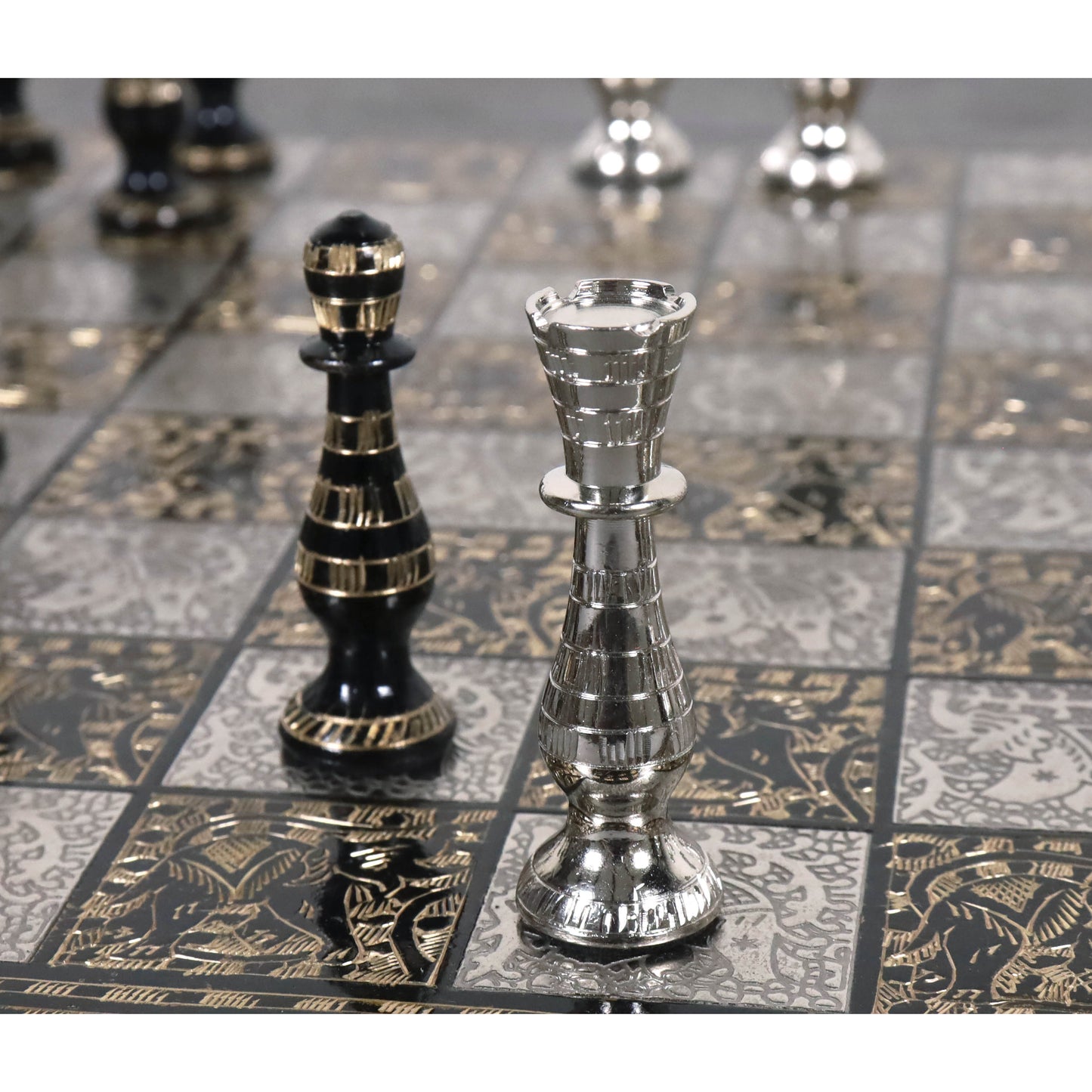 Sovereign Series Brass Metal Luxury Chess Pieces & Board Set- 14" - Unique Art