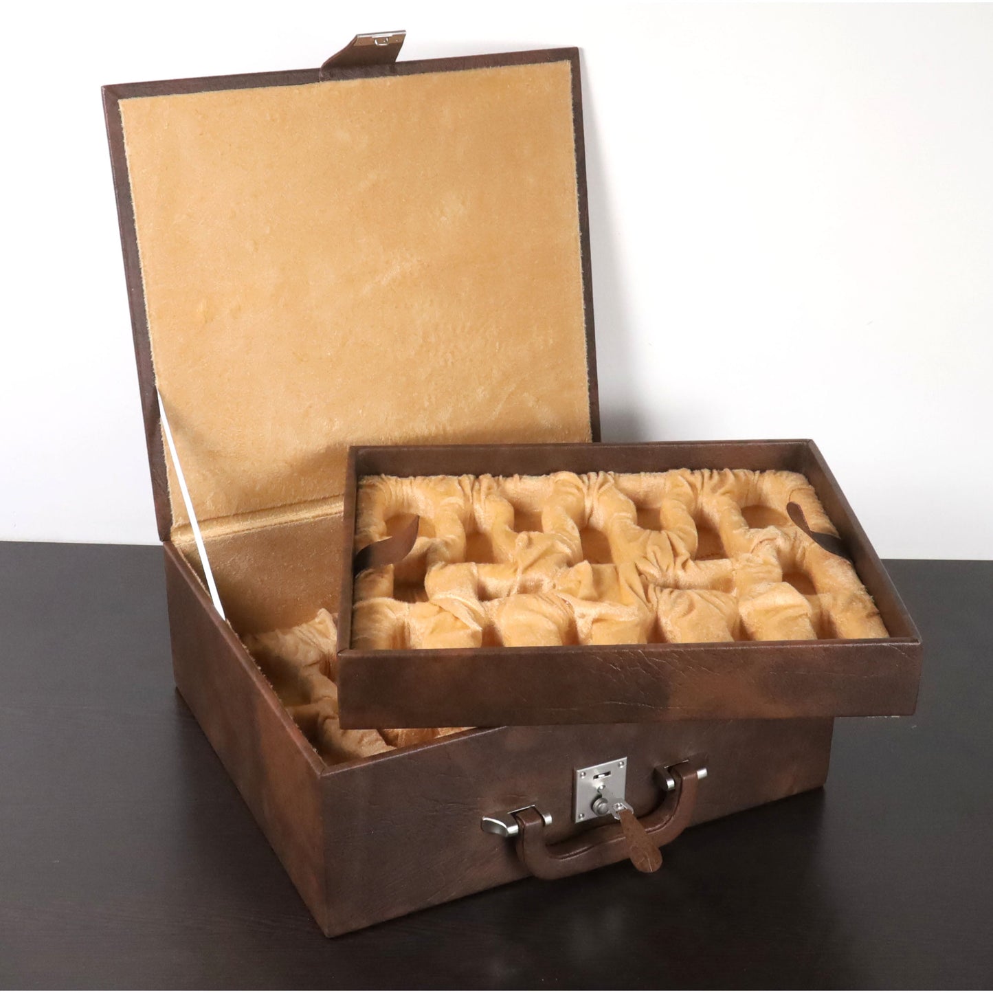 4.6" Mogul Luxury Chess Combo Set - Ebony Wood Chess Pieces + Board & Tan Brown Leatherette Coffer Storage Box