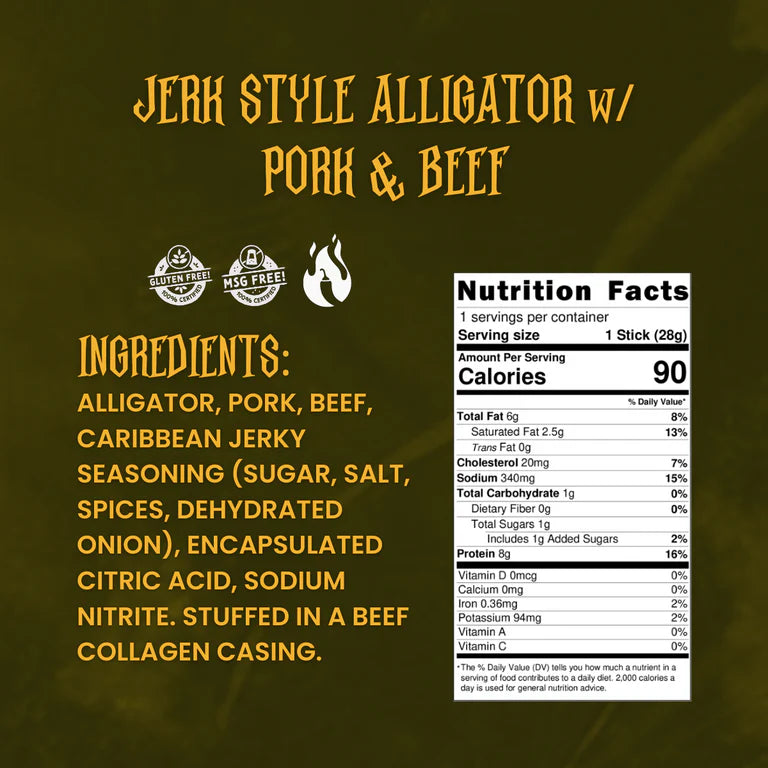 Swamp Monster (Jerk Style Alligator With Pork and Beef Stick)