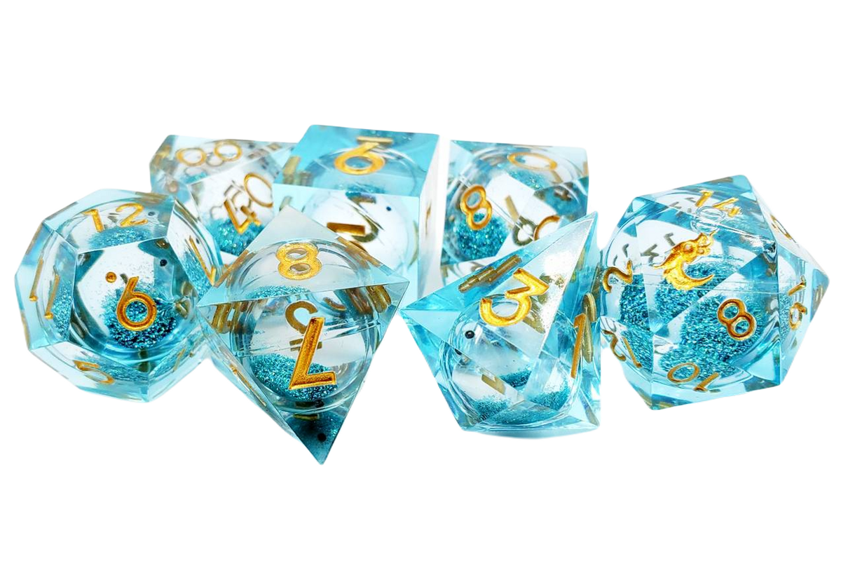 Old School 7-Piece Sharp Edged Dice Set: Liquid Infused - Azure Fury