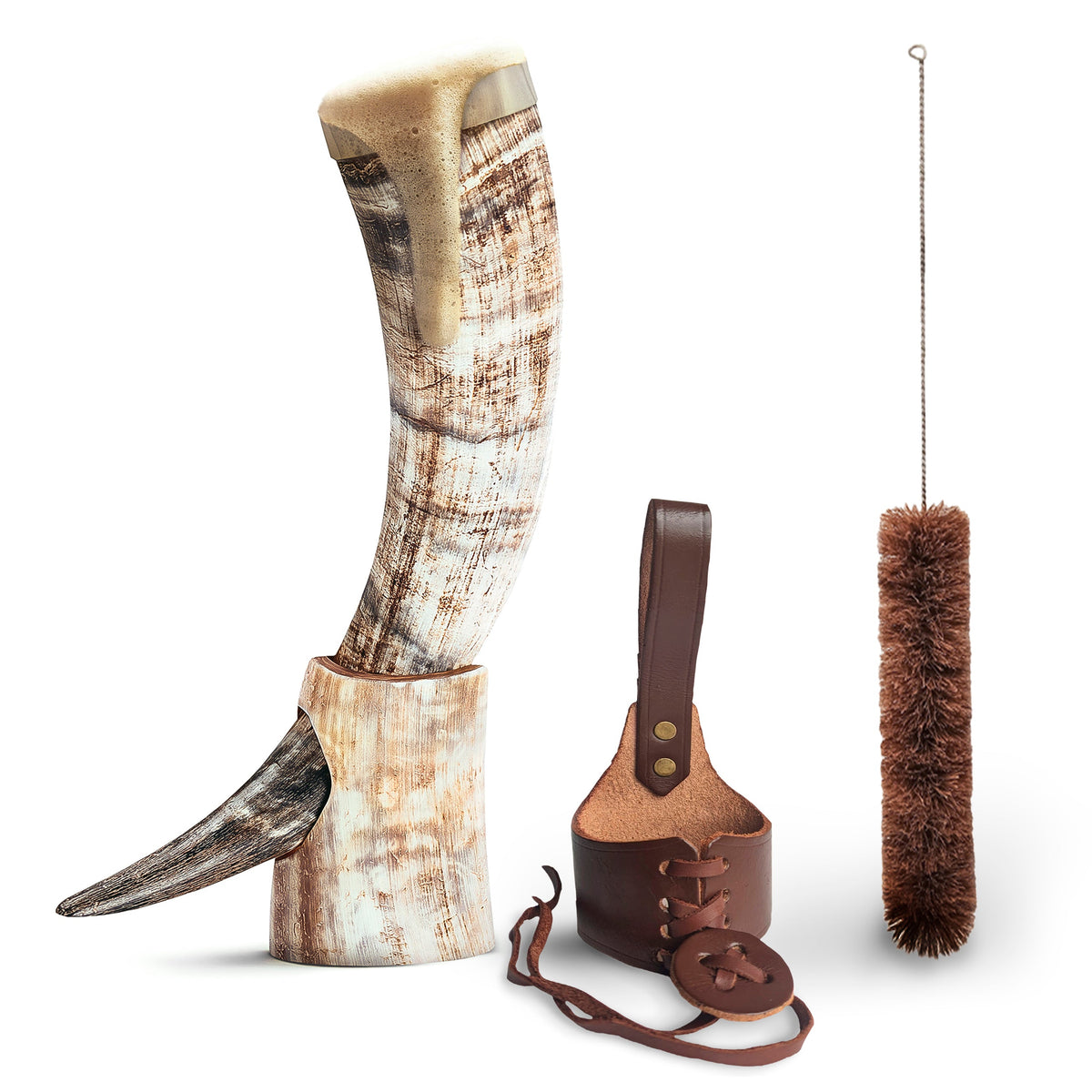Curved Drinking Horn Bundle with Stand & Holster