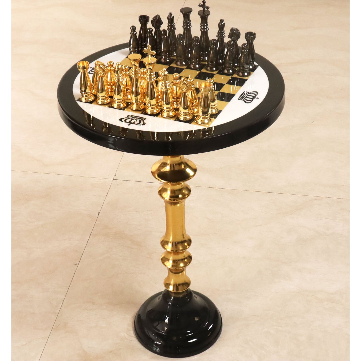 Executive Chess Table Combo Set of 18" Brass Board, Chess Pieces+ 27" Tall Table
