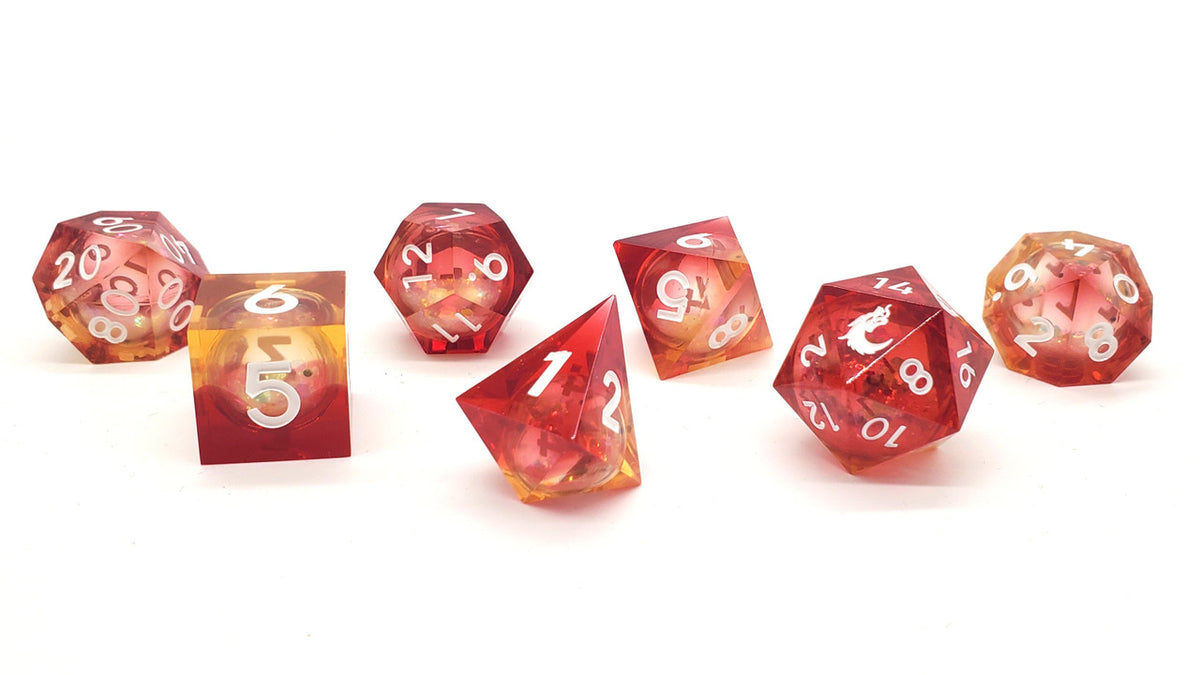 Old School 7-Piece Sharp Edged Dice Set: Liquid Infused - Sunrise Fury