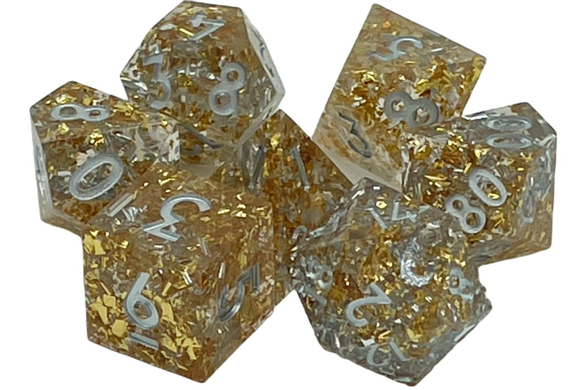 Old School 7 Piece DnD RPG Dice Set: Sharp Edged - Precious Metals