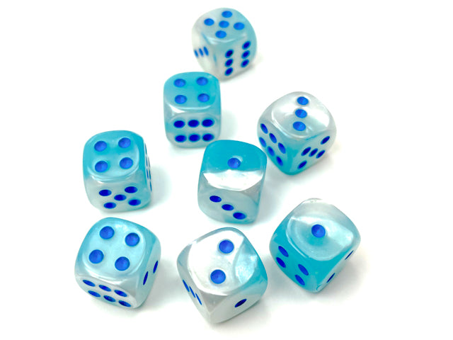 Gemini Pearl Turquoise-White/blue Luminary 12mm d6 Dice Block (36 dice)