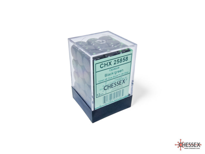 Opaque Black/green 12mm d6 Dice Block (36 dice)