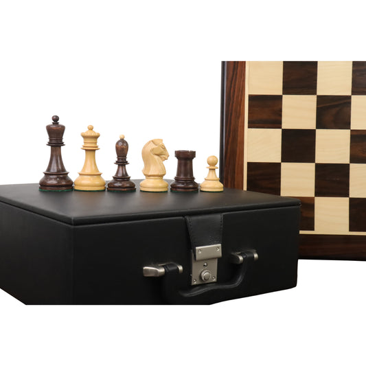 Combo of 1950s' Fischer Dubrovnik Chess Set - Pieces in Mahogany Stained & Boxwood with 21" Chess Board and Leatherette Coffer Storage Box