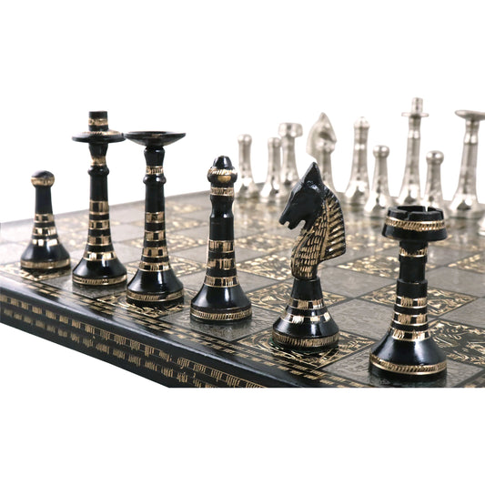 Hawaiian Crown Brass Metal Luxury Chess Pieces & Board Set - 14" Silver and Black