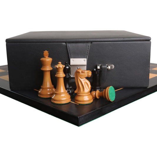 Combo of 3.9" Lessing Staunton Chess Set - Pieces in Natural Ebony Wood & Antiqued Lacquered Boxwood with Board and Box