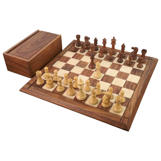 Combo of 4.1" Pro Staunton Weighted Wooden Chess Pieces in Golden Rosewood with 21" Board & Wooden Storage Box