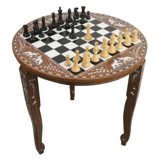 24" Boutique Luxury Round Chess Board Table with Staunton Chess Pieces - Weighted Ebonised Boxwood