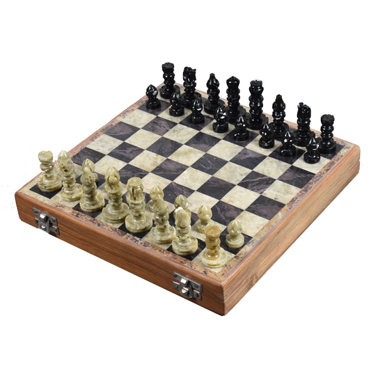 Soap Stone Handcarved Chess Pieces & Board Set - Includes Storage Case - 10" board