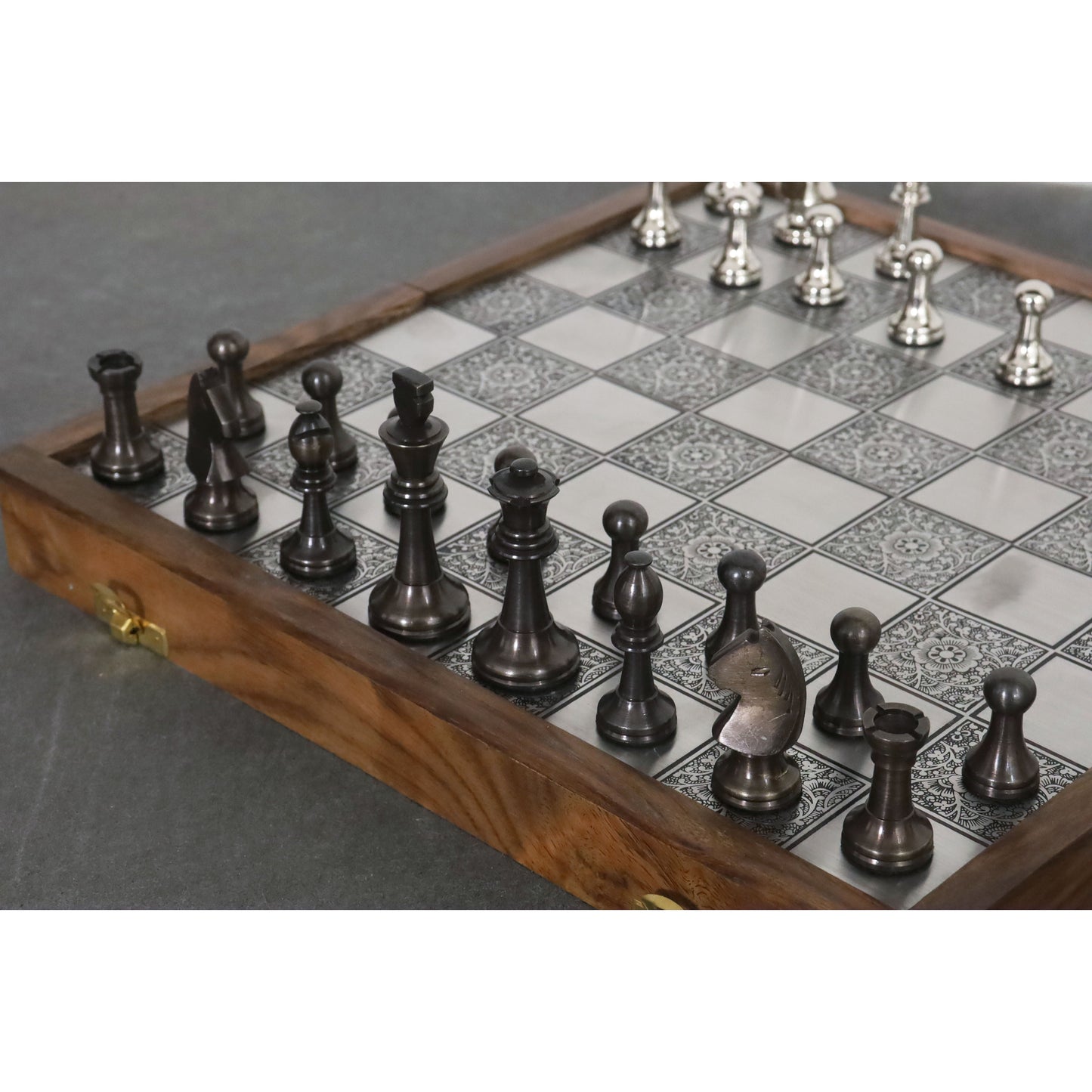 Slightly Imperfect Brass Metal Staunton Inspired Luxury Chess Pieces & Board Set-13" with Rosewood Border