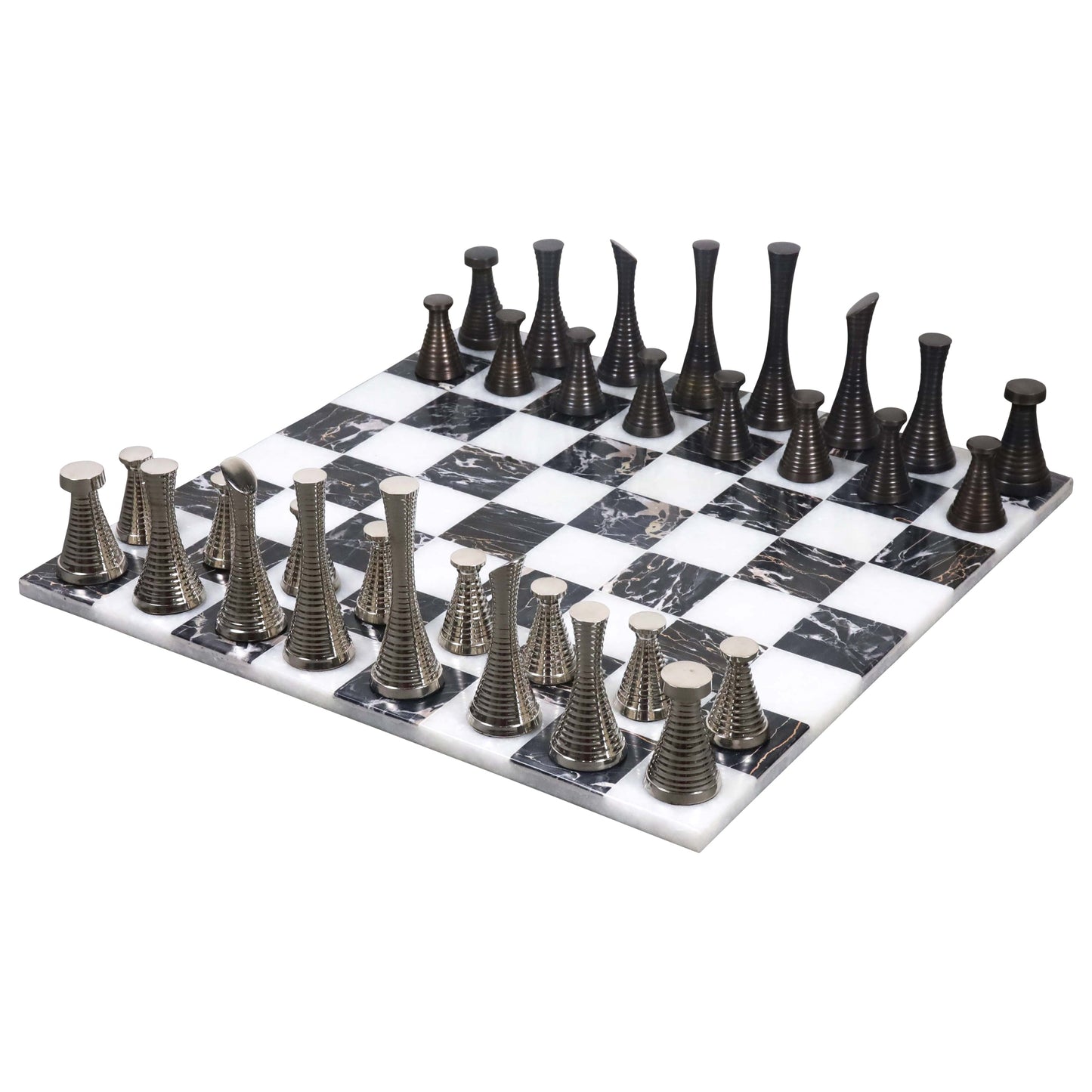 Brass Chess Set combo of 3.9" Modern Chess Pieces + 15" Black Marble Chessboard
