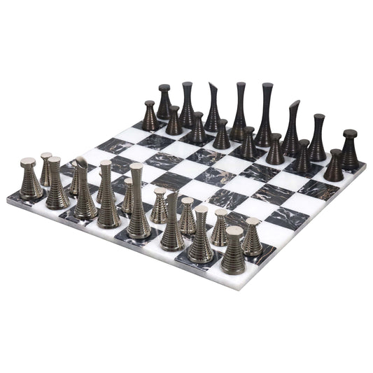 Brass Chess Set combo of 3.9" Modern Chess Pieces + 15" Black Marble Chessboard