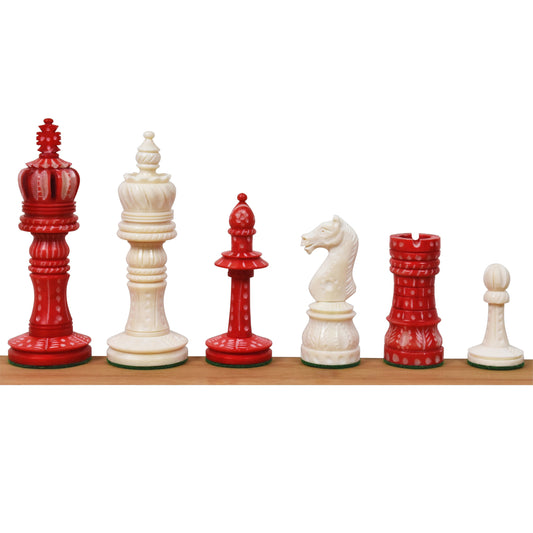 4.1" New English Hand Carved Camel Bone Chess Set- Chess Pieces Only- Crimson & White