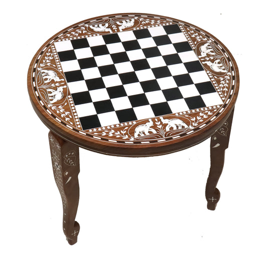 20" Round Wooden Chess Board Table- 17.75" Height Solid Sheesham & Acrylic Ivory