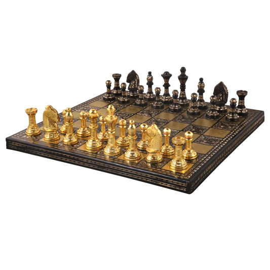 Staunton Inspired Brass Metal Luxury Chess Pieces & Board Set -12"- Gold & Black