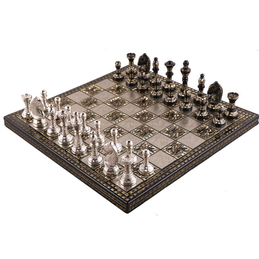 Staunton Inspired Brass Metal Luxury Chess Pieces & Board Set- 12" -Silver & Black