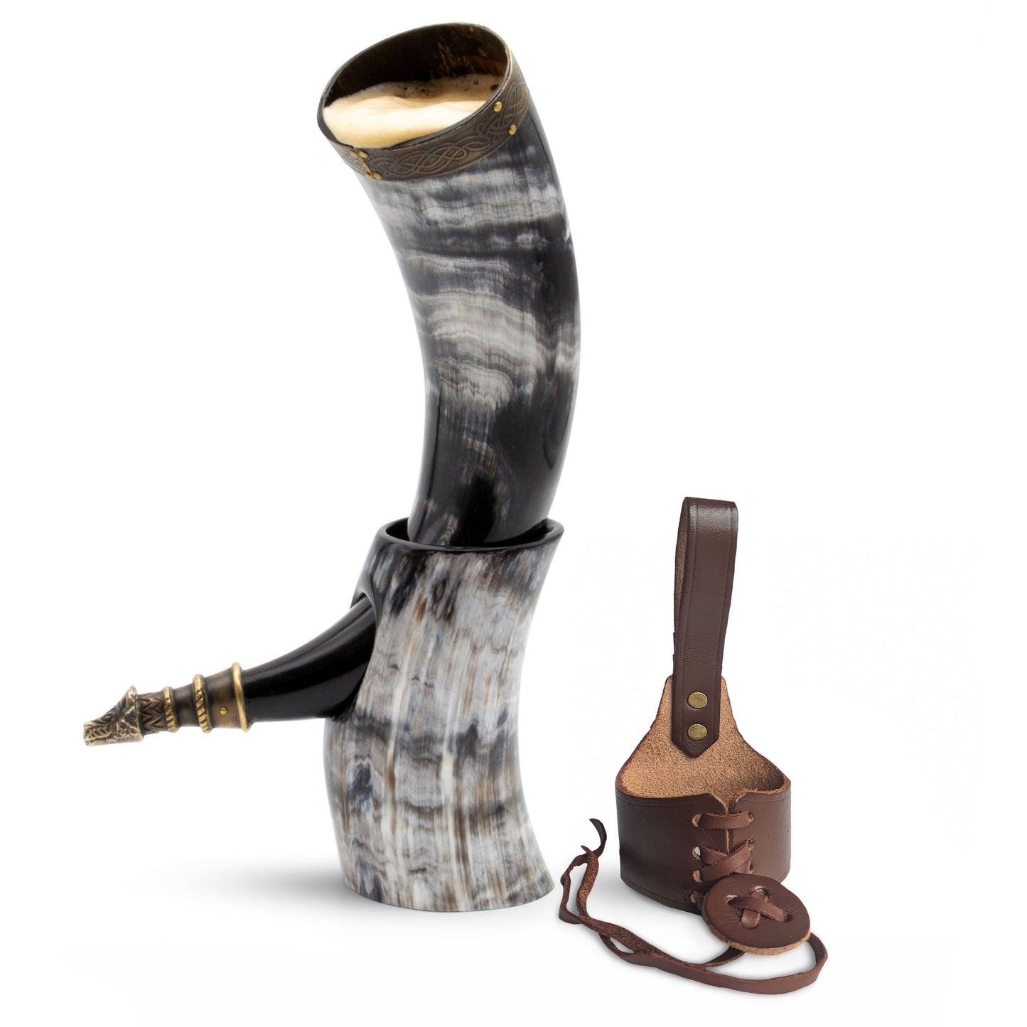Curved Drinking Horn Bundle with Stand & Holster