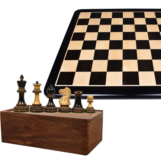 3.9" Parker Staunton Carved Chess Set Combo - Pieces in Lacquered Burnt Boxwood with Board and Box