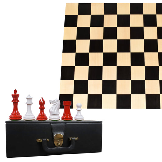 Combo of 4.1" Pro Staunton Chess Set - Pieces in Red and White Painted Boxwood with Board and Box