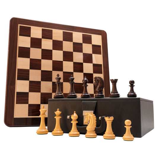 Combo of  3.7" Emperor Series Staunton Chess Pieces in Rosewood with 21" Flat Chess board and Leatherette Coffer Storage Box
