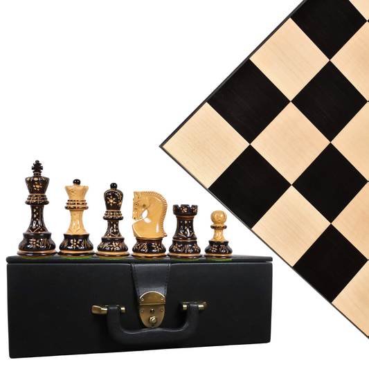 Combo of 3.75" Artisan Carving Burnt Zagreb Chess Pieces with Borderless Chess board and Leatherette Coffer Storage Box