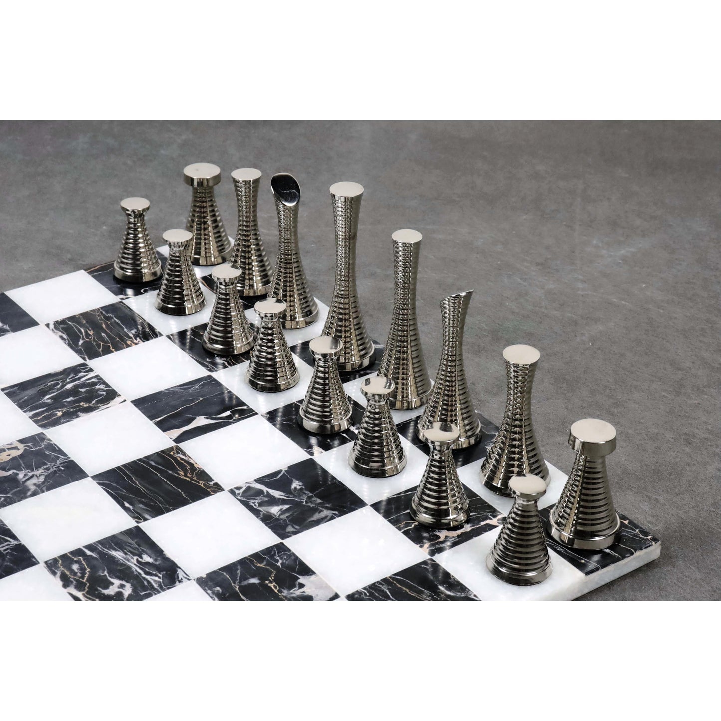 Brass Chess Set combo of 3.9" Modern Chess Pieces + 15" Black Marble Chessboard
