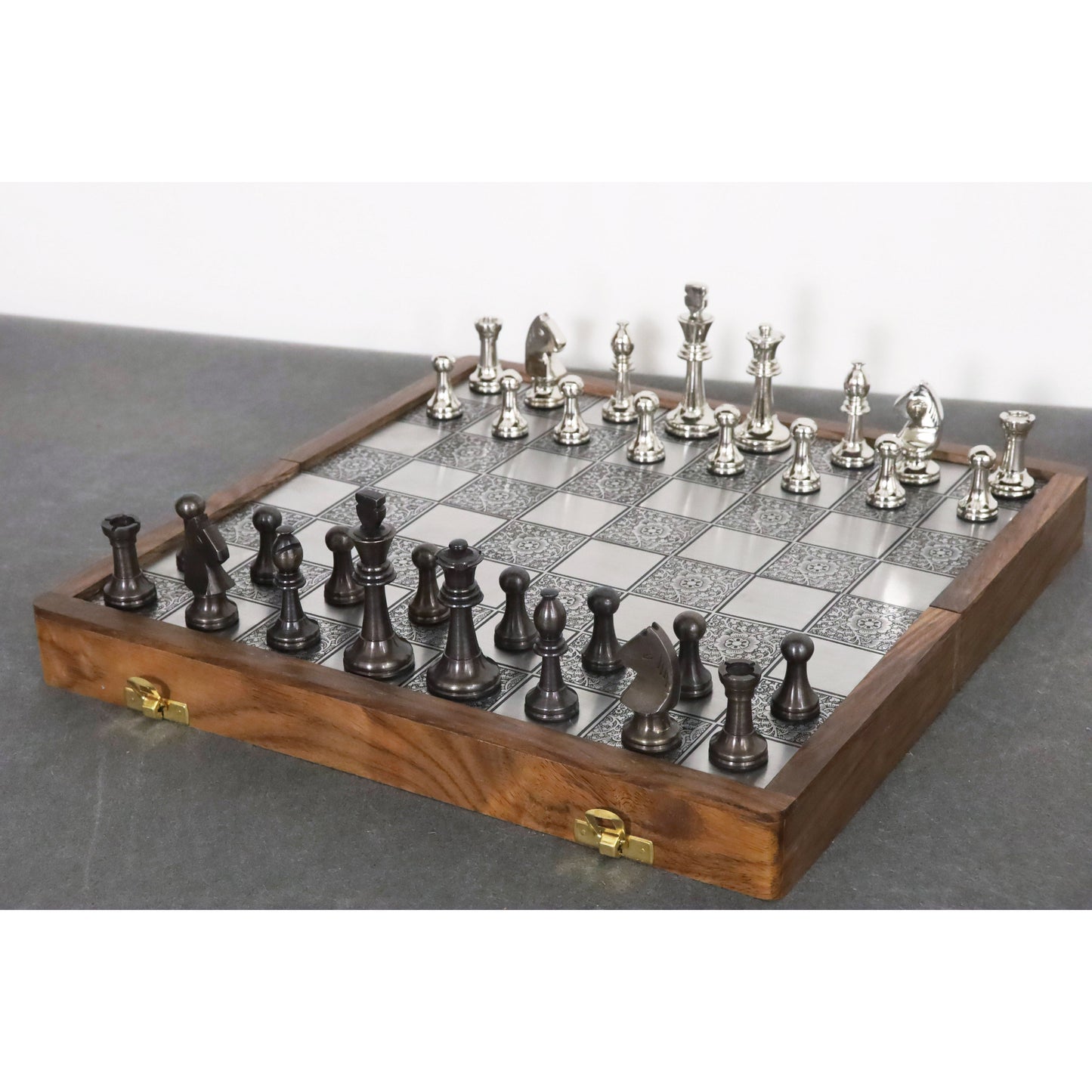 Slightly Imperfect Brass Metal Staunton Inspired Luxury Chess Pieces & Board Set-13" with Rosewood Border