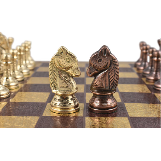 Staunton Inspired Brass Metal Luxury Chess Pieces & Board Set - 12" -Copper & Gold- Unique Art Work