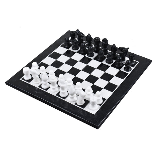 Marble Stone Chess Pieces & Board Set -Black and White - 12" - Minimalist Gift