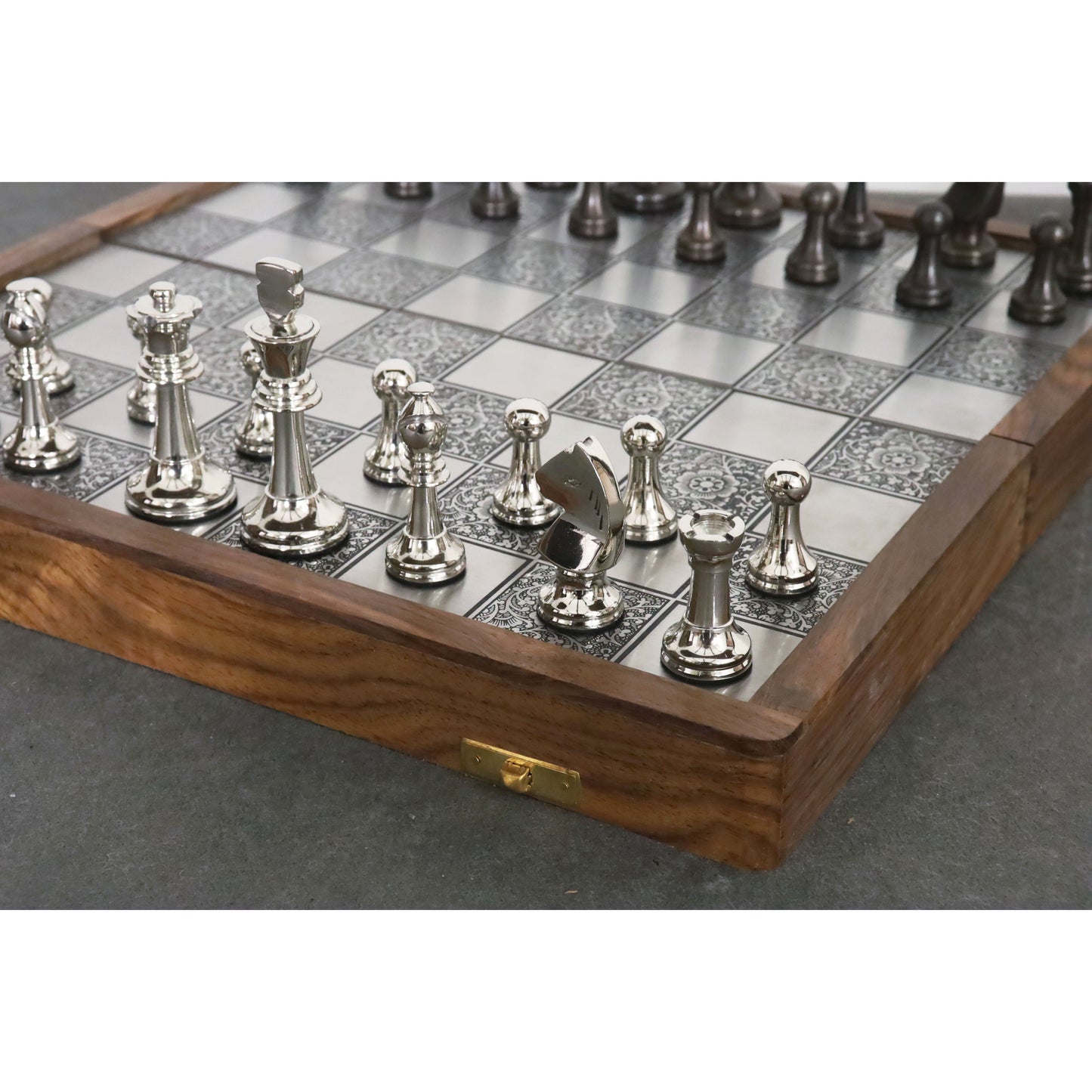 Slightly Imperfect Brass Metal Staunton Inspired Luxury Chess Pieces & Board Set-13" with Rosewood Border