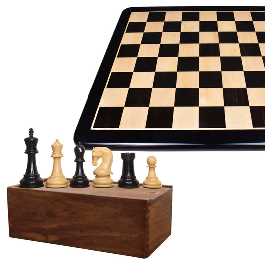 Combo of 4" Leningrad Staunton Chess Set - Pieces in Ebonised Boxwood with Board and Box