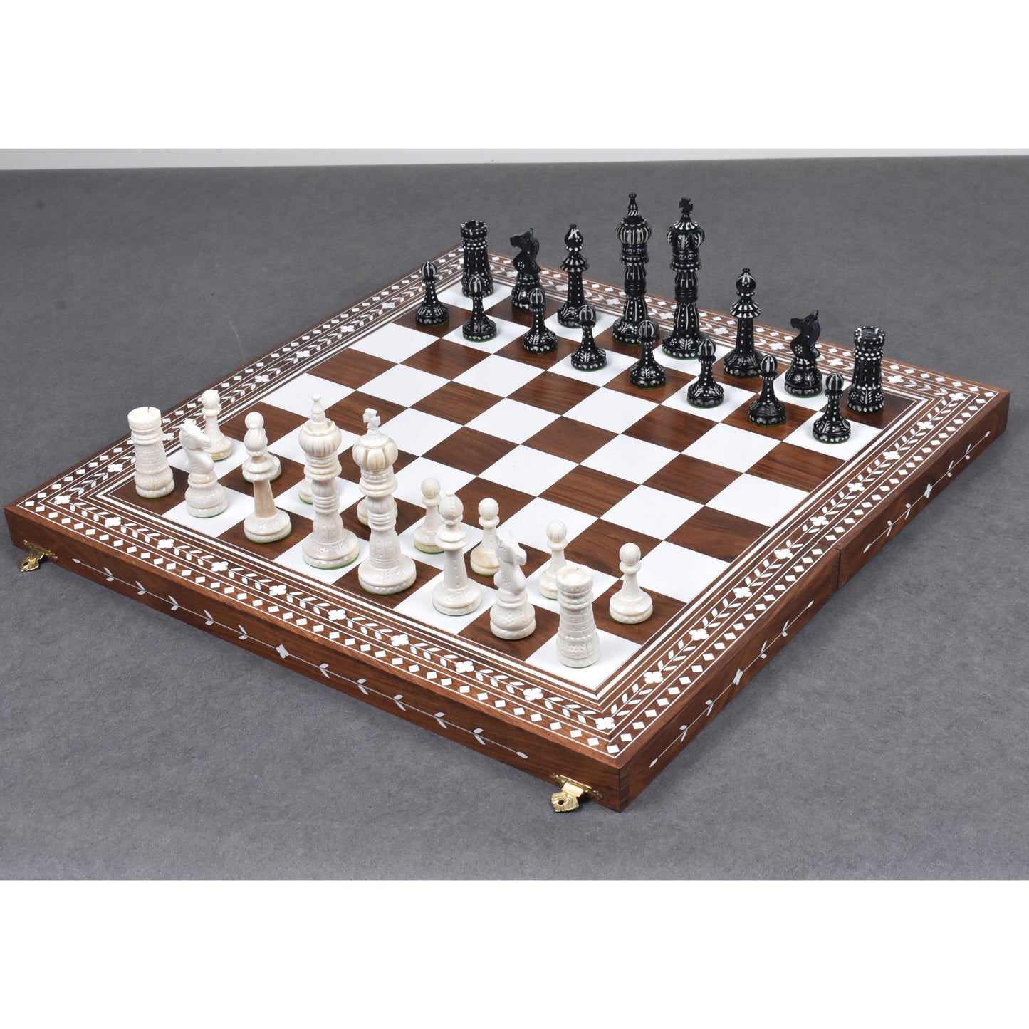 4.3" British Series Hand Carved Camel Bone Chess Set- Chess Pieces Only - Black & White
