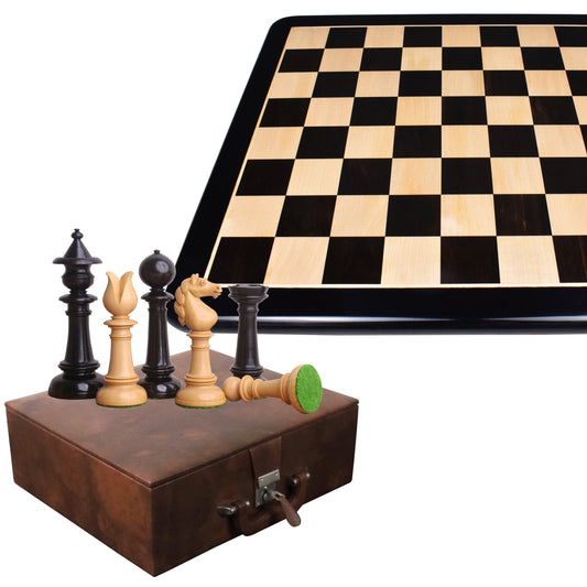Edinburgh Northern Upright Pre-Staunton Chess Set Combo - Pieces in Ebonised Boxwood with Board and Box