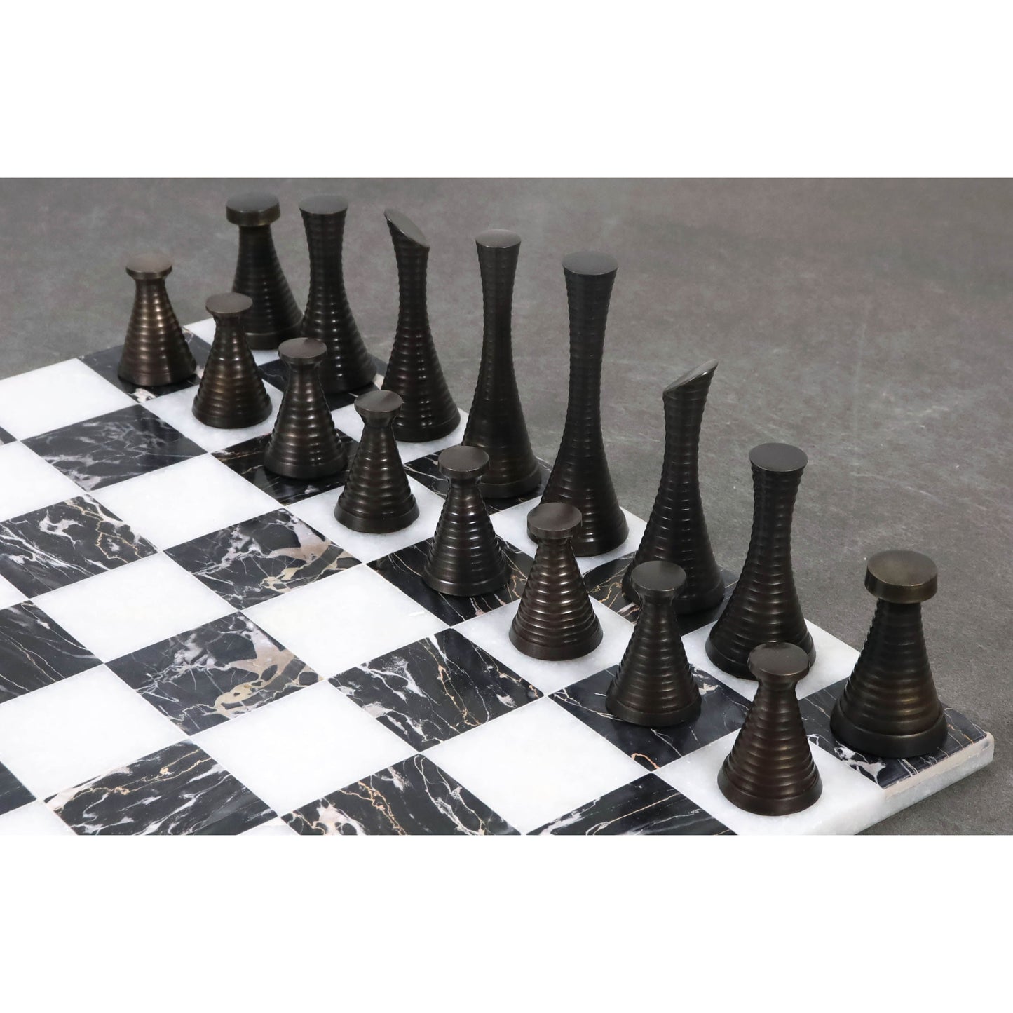 Brass Chess Set combo of 3.9" Modern Chess Pieces + 15" Black Marble Chessboard