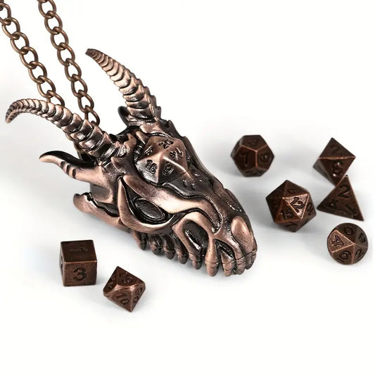 Micro Metal RPG 7 Dice Set in Dragon Head Hollow Necklace
