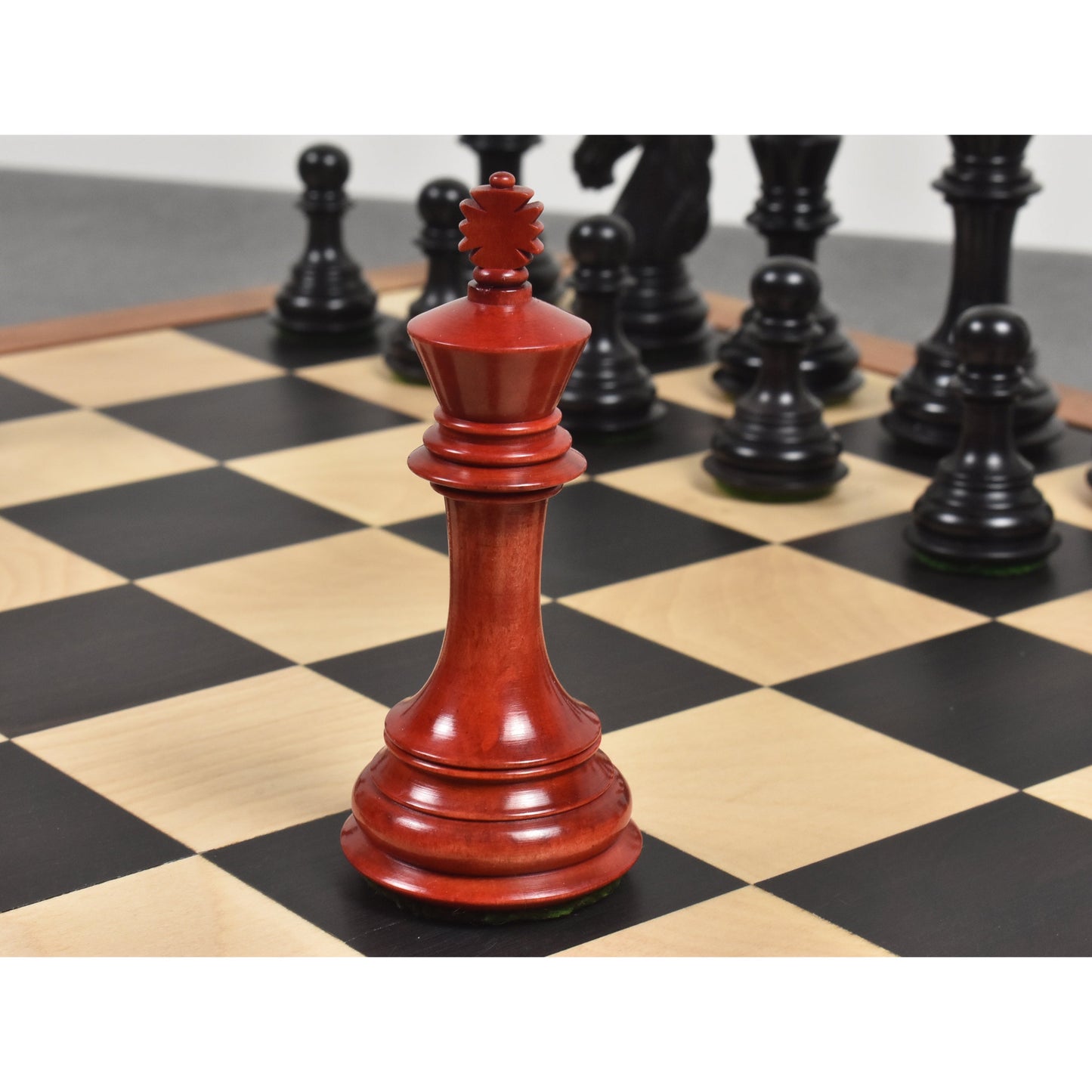 3.9" Old Columbian Staunton Weighted Chess Set- Chess Pieces Only-Crimson & Ebonised Boxwood